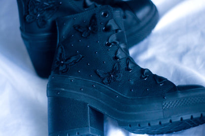 Black Bespoke Butterfly Pearl Embroidered Converse Heels