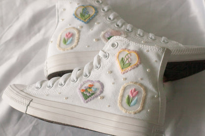 Bespoke Pastel Floral Embroidered Pearl Converse