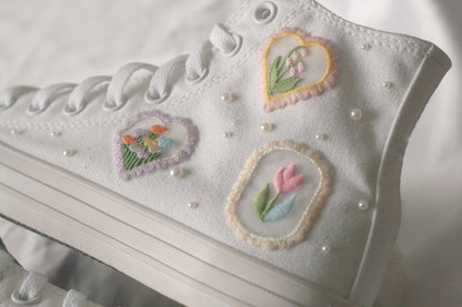 Bespoke Pastel Floral Embroidered Pearl Converse