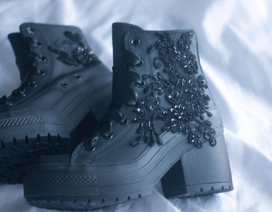 Bespoke Black Lace Embroidered Converse Heels