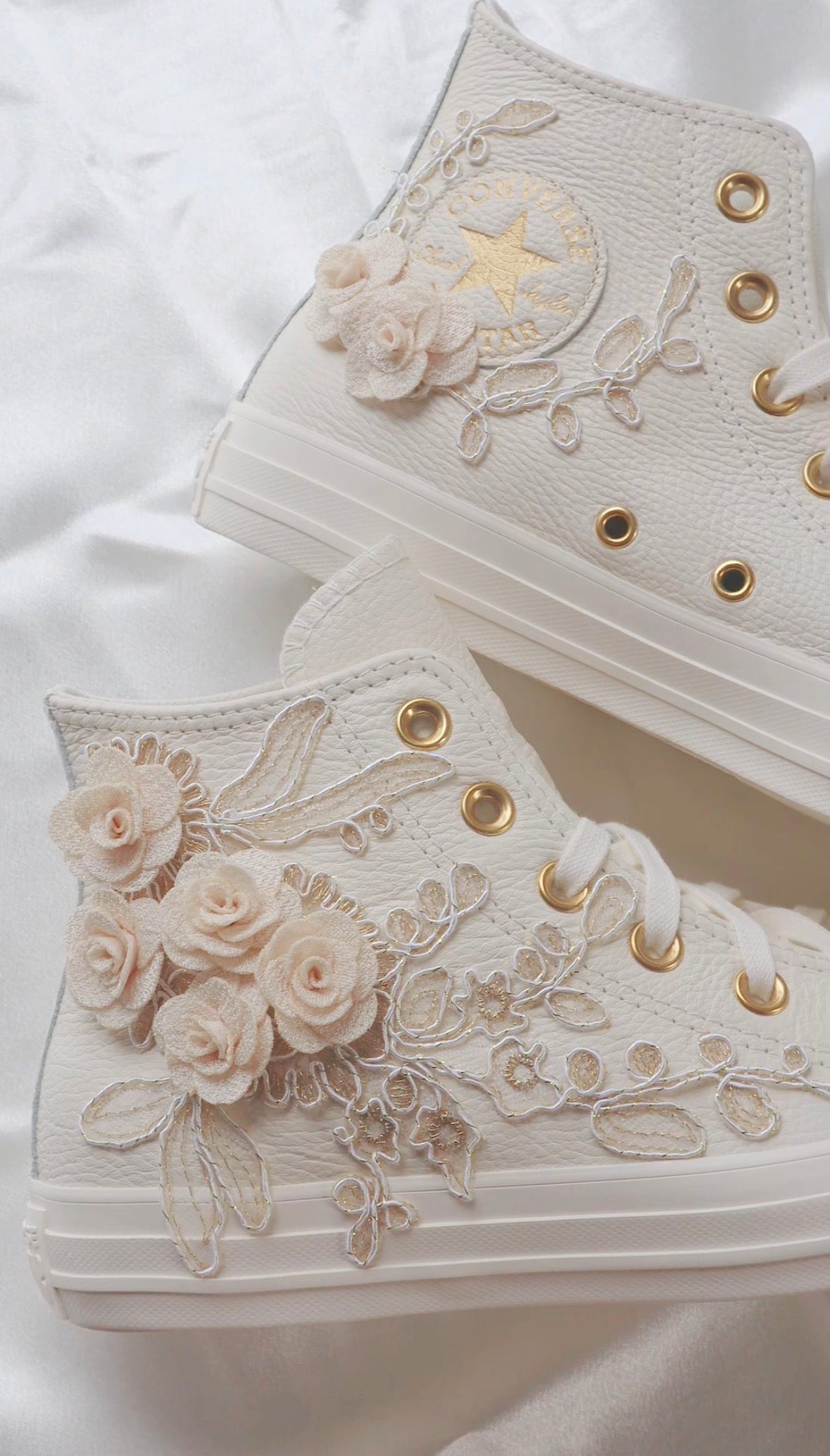 Egret\Rose Gold Embroidered Leather Bridal Sneakers