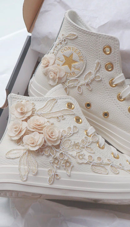 Egret\Rose Gold Embroidered Leather Bridal Sneakers