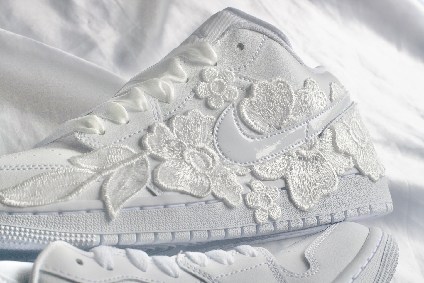 Bespoke White Floral Air Jordan 1 Lows Bridal Sneakers