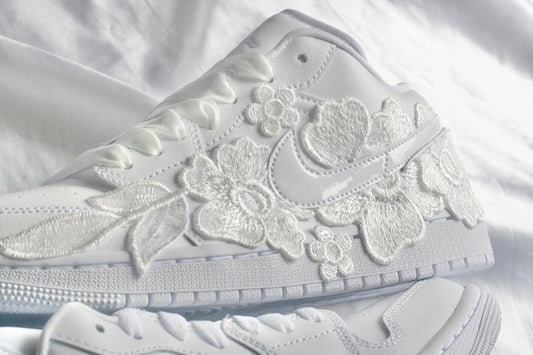 Bespoke White Floral Air Jordan 1 Lows Bridal Sneakers