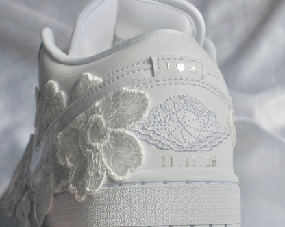 Bespoke White Floral Air Jordan 1 Lows Bridal Sneakers