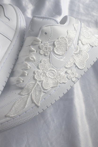 Bespoke White Floral Air Jordan 1 Lows Bridal Sneakers