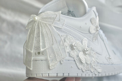 Bespoke White Pearl Air Jordan 1 Lows Bridal Sneakers