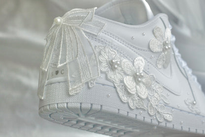 Bespoke White Pearl Air Jordan 1 Lows Bridal Sneakers