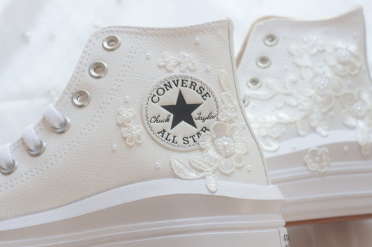 Bespoke White Floral Platform Leather Sneakers