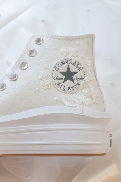 Bespoke White Floral Platform Leather Sneakers