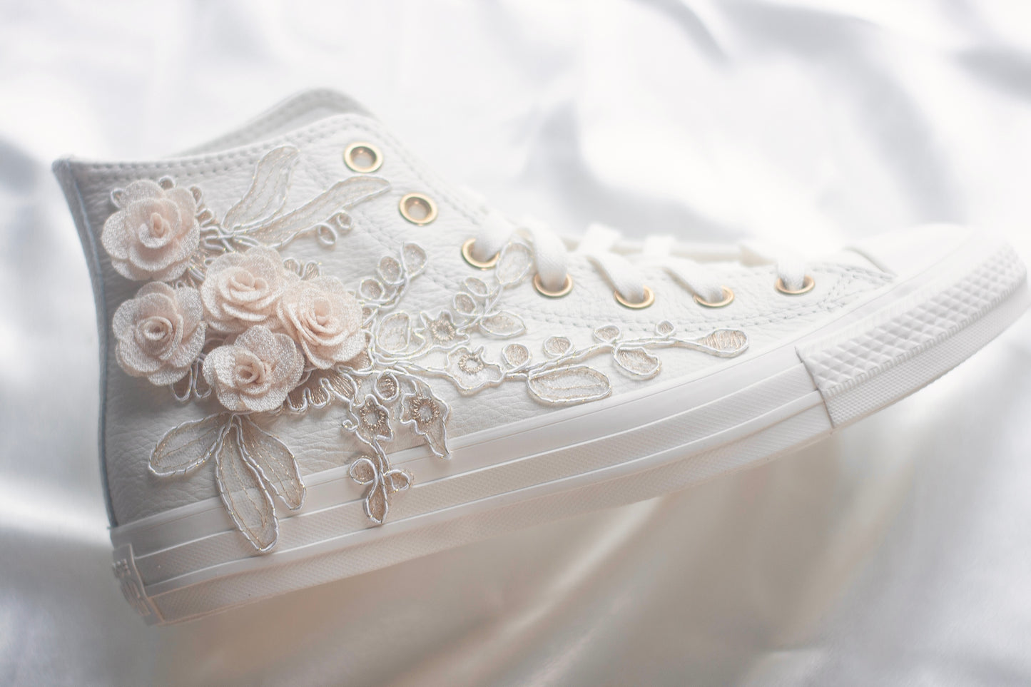 Egret\Rose Gold Embroidered Leather Bridal Sneakers