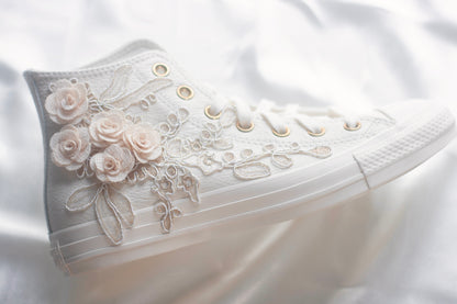 Egret\Rose Gold Embroidered Leather Bridal Sneakers