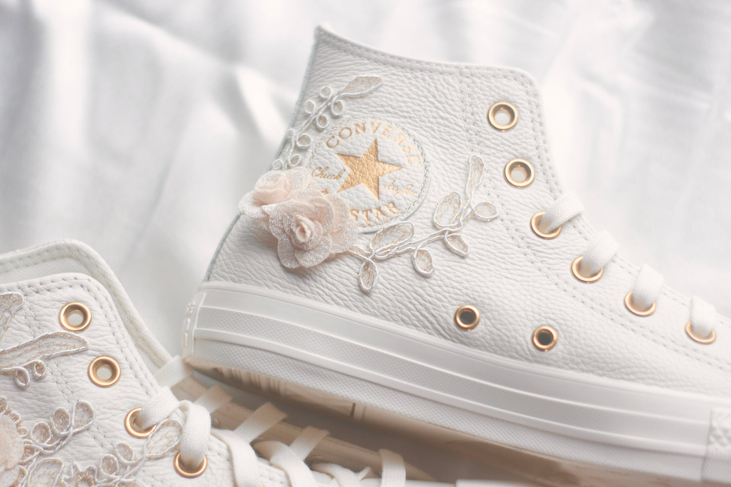 Egret\Rose Gold Embroidered Leather Bridal Sneakers