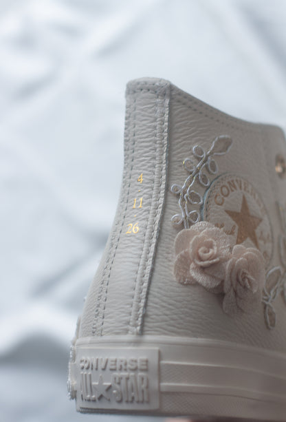 Egret\Rose Gold Embroidered Leather Bridal Sneakers