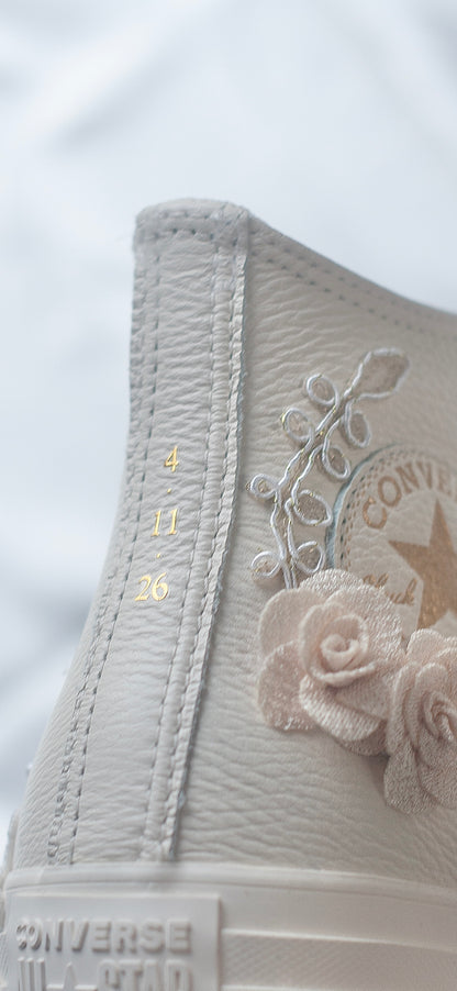 Platform Egret\Rose Gold Embroidered Leather Bridal Sneakers