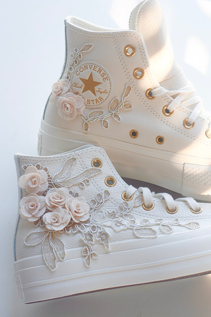 Platform Egret\Rose Gold Embroidered Leather Bridal Sneakers