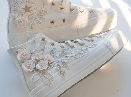Platform Egret\Rose Gold Embroidered Leather Bridal Sneakers