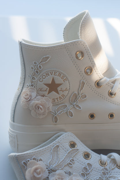 Platform Egret\Rose Gold Embroidered Leather Bridal Sneakers