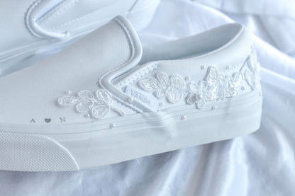 Bespoke Floral & Pearl Leather Slip on Vans