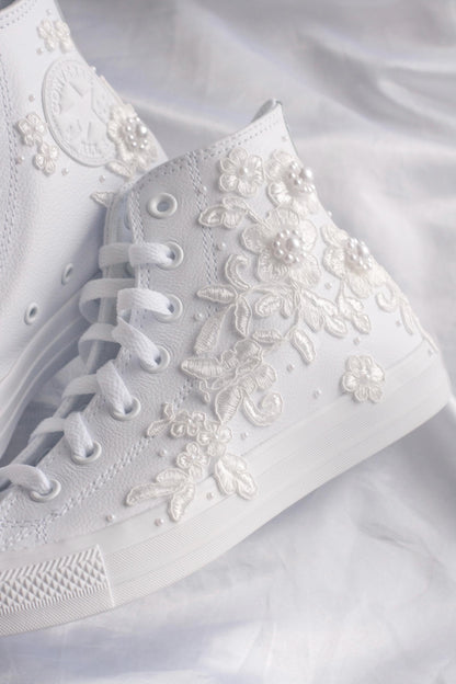 Bespoke White Lace Luxury Embroidered Bridal Leather Converse