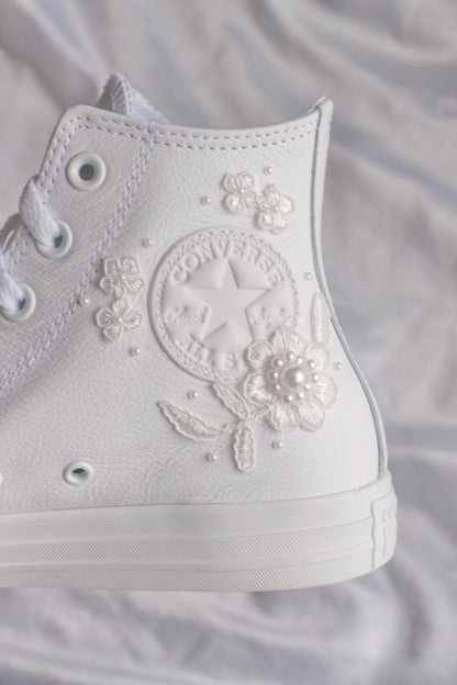 Bespoke White Lace Luxury Embroidered Bridal Leather Converse